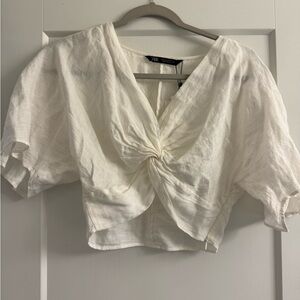 Zara White Knotted Linen Top